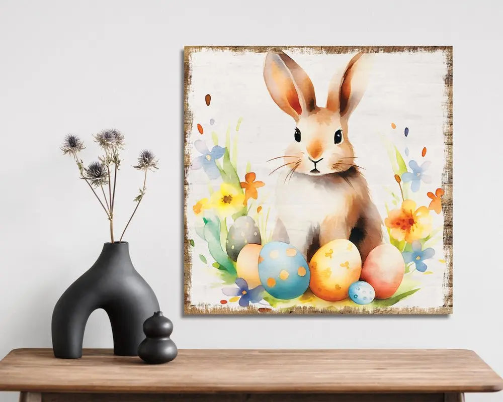 12" X 12" White Yellow And Pink Rabbit Easter Floral Canvas Square Hanging Wall Decor HomeRoots