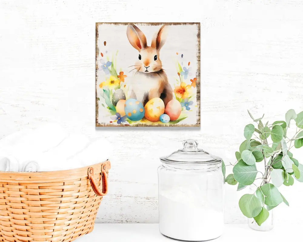 12" X 12" White Yellow And Pink Rabbit Easter Floral Canvas Square Hanging Wall Decor HomeRoots