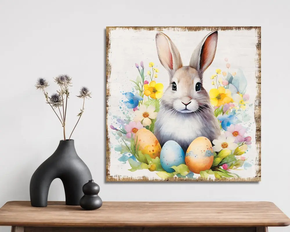 12" X 12" White Yellow And Pink Rabbit Easter Floral Canvas Square Hanging Wall Decor HomeRoots