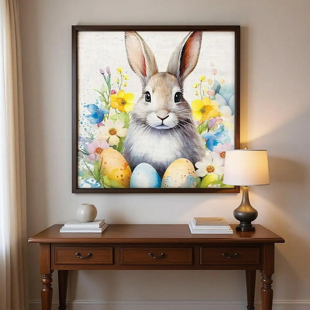 12" X 12" White Yellow And Pink Rabbit Easter Floral Canvas Square Hanging Wall Decor HomeRoots