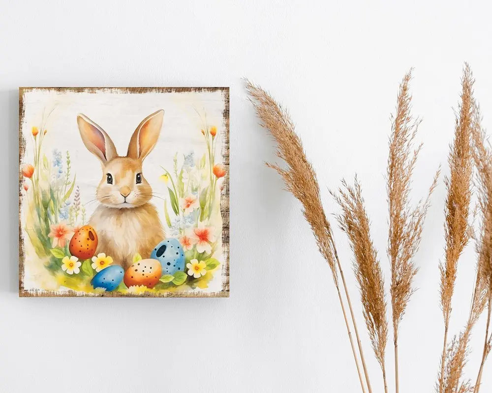 12" X 12" White Yellow And Pink Rabbit Easter Floral Canvas Square Hanging Wall Decor HomeRoots