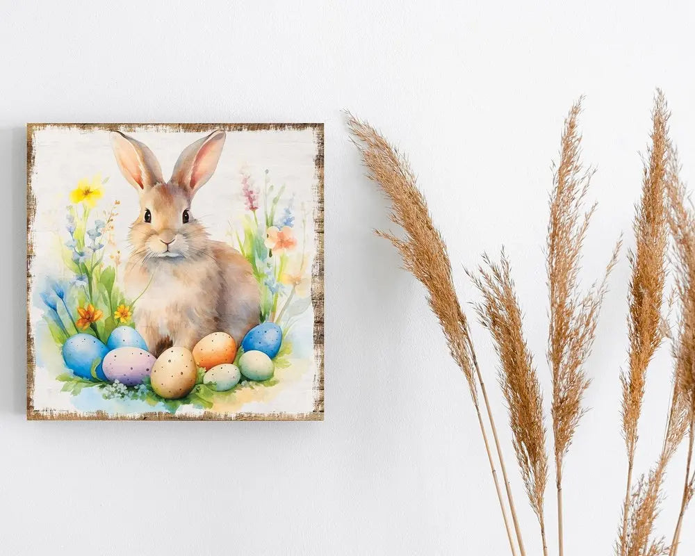12" X 12" White Yellow And Pink Rabbit Easter Floral Canvas Square Hanging Wall Decor HomeRoots