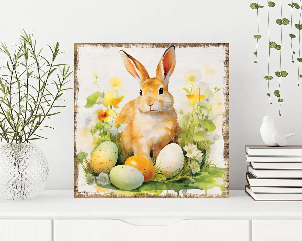 12" X 12" White Yellow And Pink Rabbit Easter Floral Canvas Square Hanging Wall Decor HomeRoots