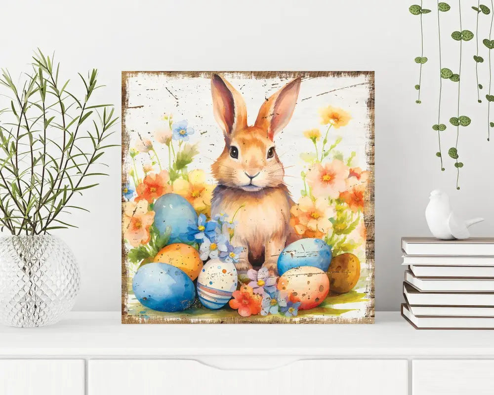 12" X 12" White Yellow And Pink Rabbit Easter Floral Canvas Square Hanging Wall Decor HomeRoots