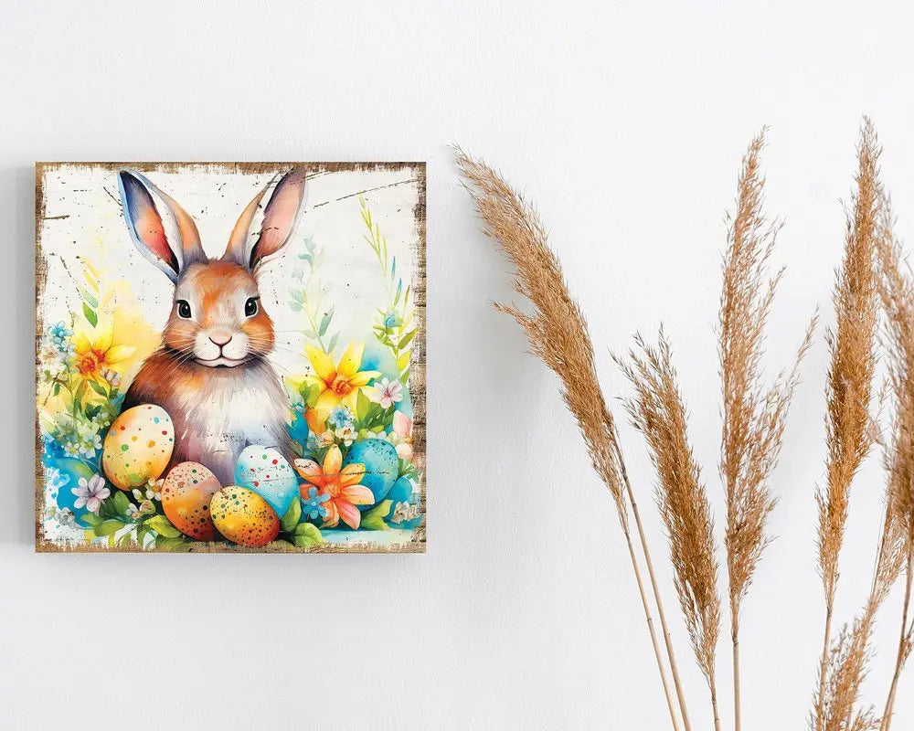 12" X 12" White Yellow And Pink Rabbit Easter Floral Canvas Square Hanging Wall Decor HomeRoots