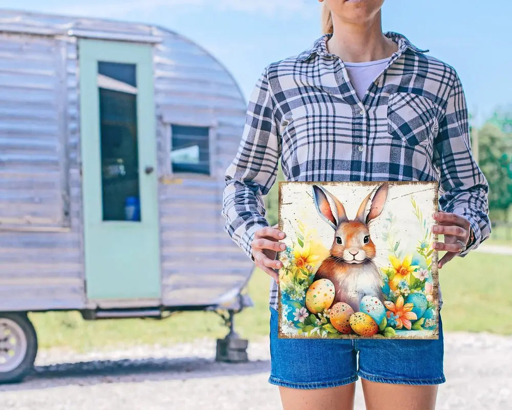 12" X 12" White Yellow And Pink Rabbit Easter Floral Canvas Square Hanging Wall Decor HomeRoots