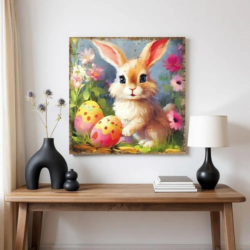 12" X 12" White Yellow And Pink Rabbit Easter Floral Canvas Square Hanging Wall Decor HomeRoots