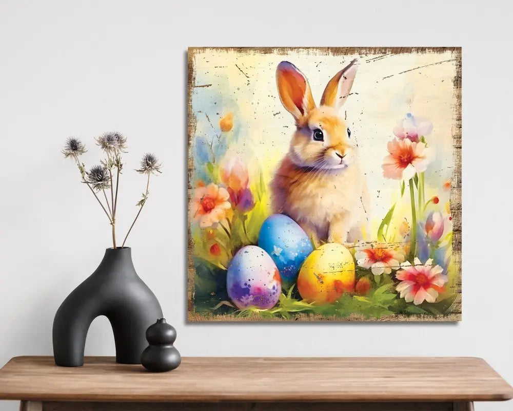 12" X 12" White Yellow And Pink Rabbit Easter Floral Canvas Square Hanging Wall Decor HomeRoots