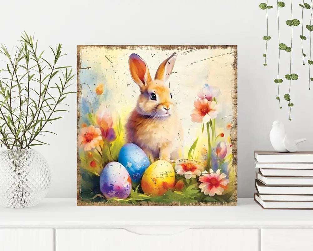12" X 12" White Yellow And Pink Rabbit Easter Floral Canvas Square Hanging Wall Decor HomeRoots