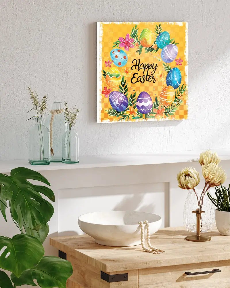 12" X 12" Yellow Blue And Green Easter Floral Happy Easter Canvas Square Hanging Wall Decor HomeRoots