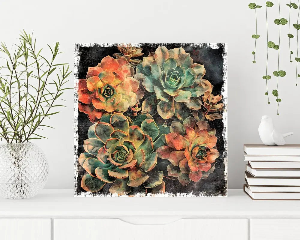 12" X 12" Black And Green Succulent Floral Canvas Square Hanging Wall Decor HomeRoots