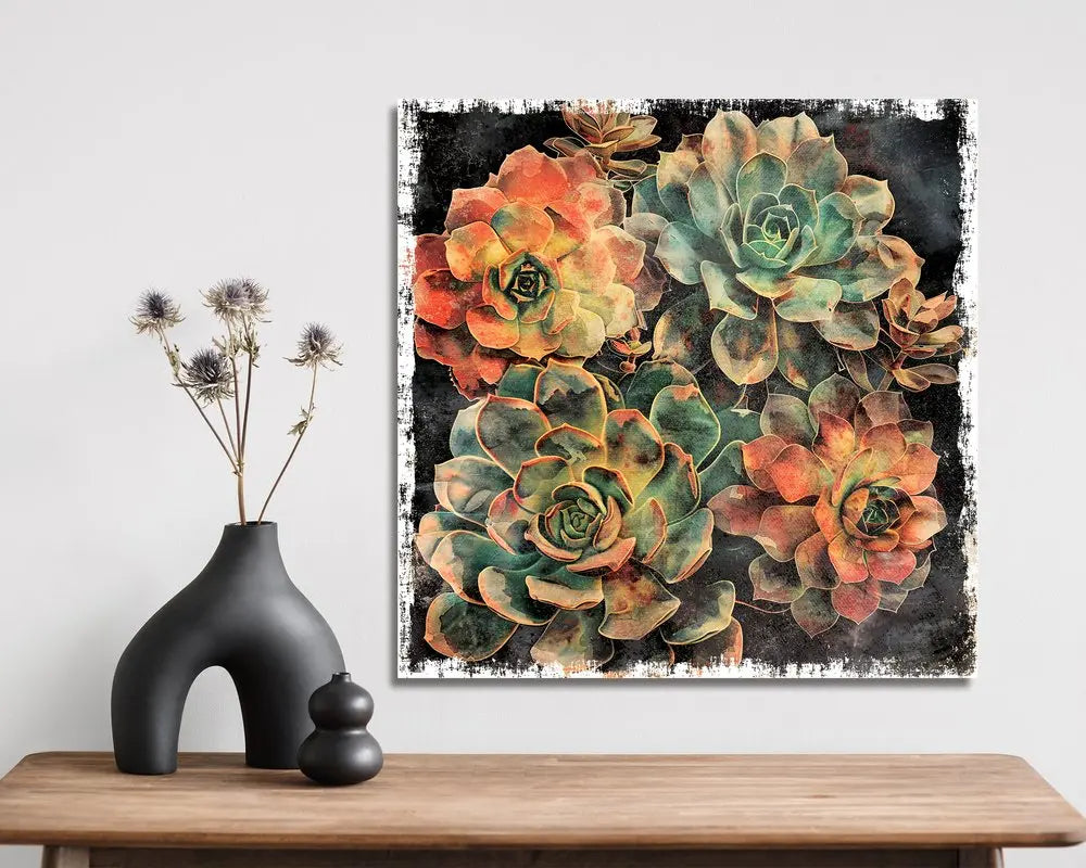 12" X 12" Black And Green Succulent Floral Canvas Square Hanging Wall Decor HomeRoots