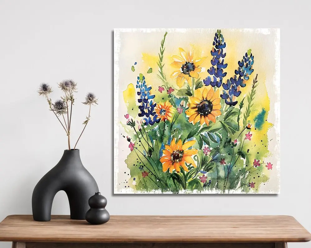 12" X 12" White Yellow And Blue Flower Floral Canvas Square Hanging Wall Decor HomeRoots