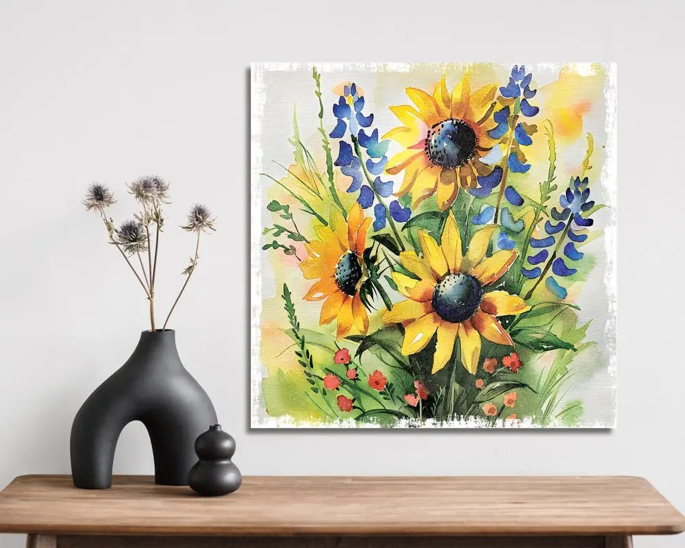 12" X 12" White Yellow And Blue Flower Floral Canvas Square Hanging Wall Decor HomeRoots