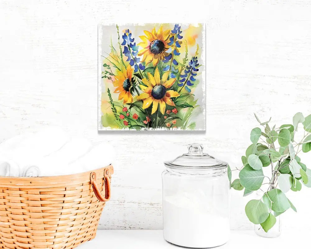 12" X 12" White Yellow And Blue Flower Floral Canvas Square Hanging Wall Decor HomeRoots