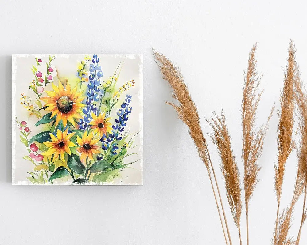 12" X 12" White Yellow And Blue Flower Floral Canvas Square Hanging Wall Decor HomeRoots