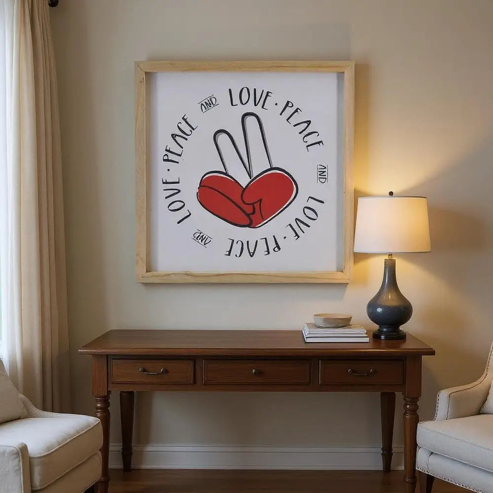 12" X 12" White Red And Black Love Peace Wood Square Wall Decor HomeRoots