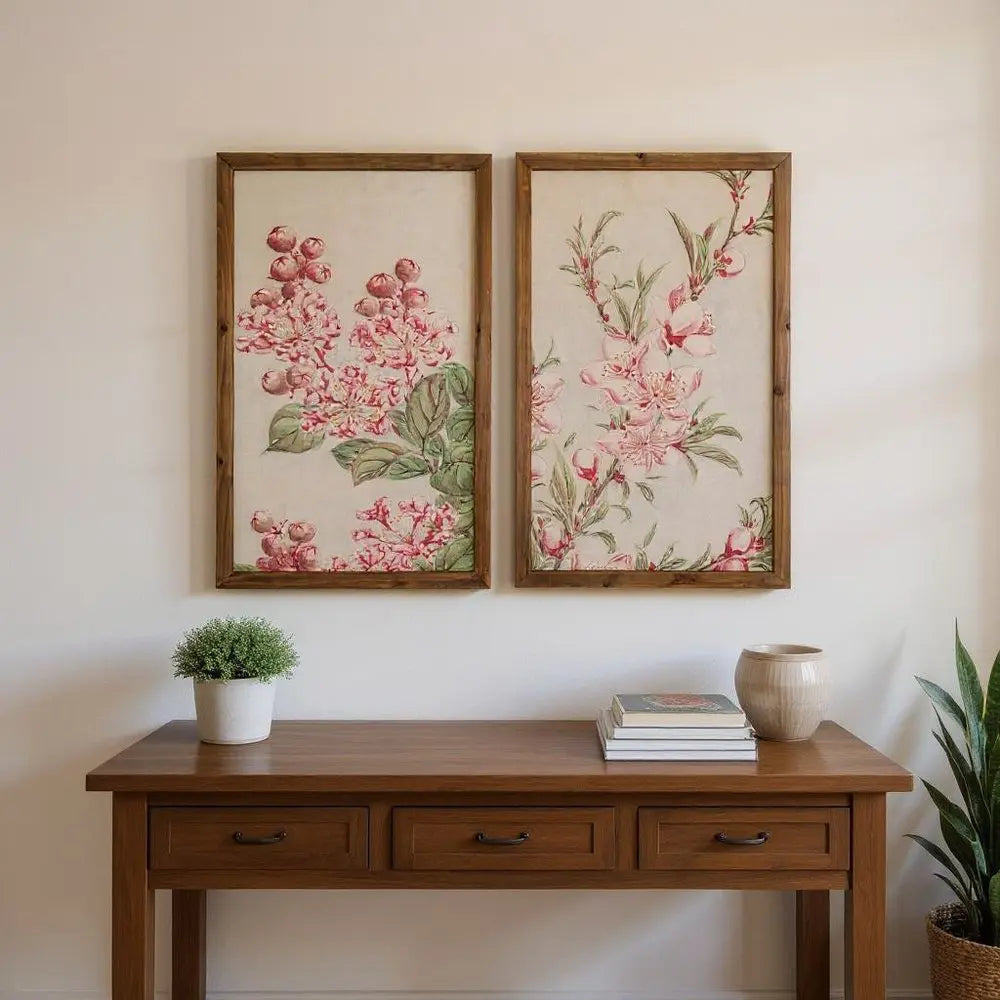 Set of Two Pink And Green Flower Floral Wood Framed Art HomeRoots