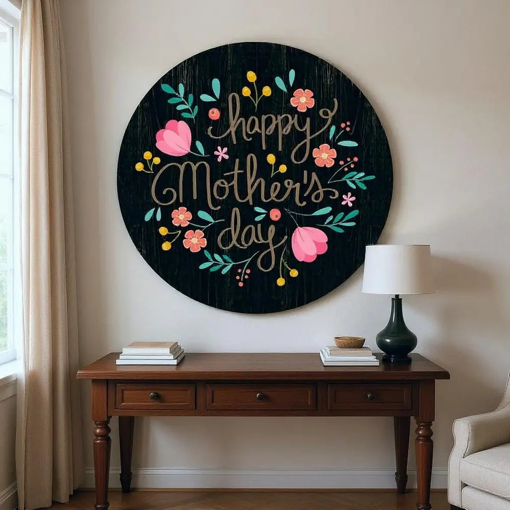 12" X 12" Black Pink And Gold Floral Happy Mother's Day Wood Circle Wall Decor HomeRoots