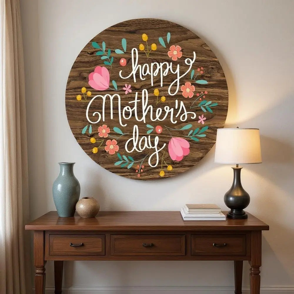 12" X 12" Brown White And Pink Floral Happy Mother's Day Wood Circle Wall Decor HomeRoots