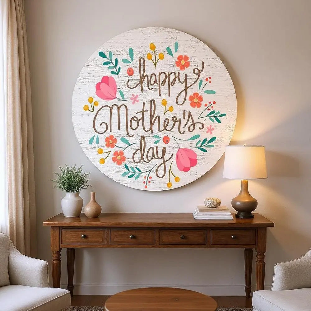 12" X 12" White Brown And Pink Floral Happy Mother's Day Wood Circle Wall Decor HomeRoots