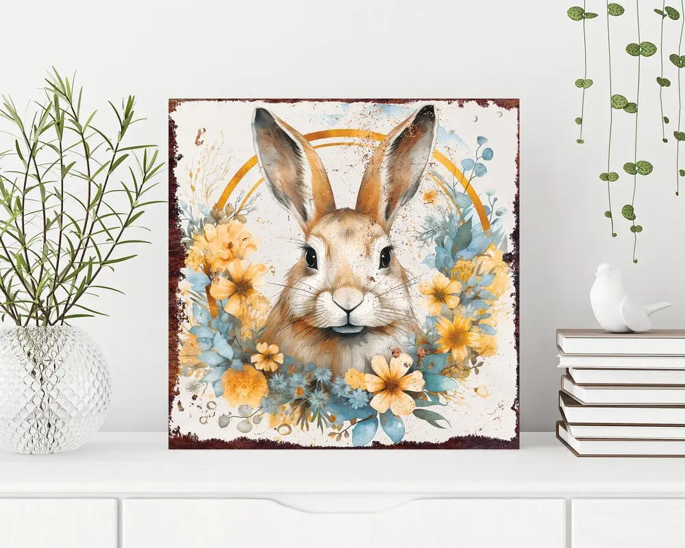 12" X 12" White Yellow And Pink Rabbit Easter Floral Canvas Square Hanging Wall Decor HomeRoots