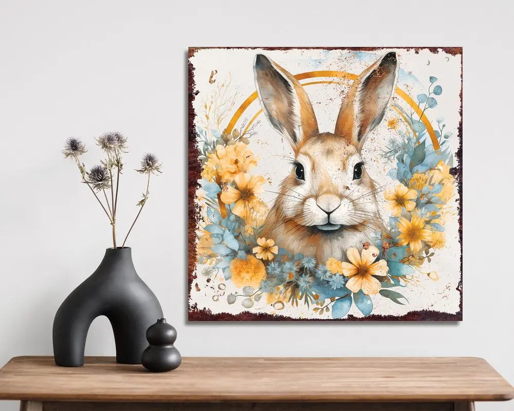 12" X 12" White Yellow And Pink Rabbit Easter Floral Canvas Square Hanging Wall Decor HomeRoots