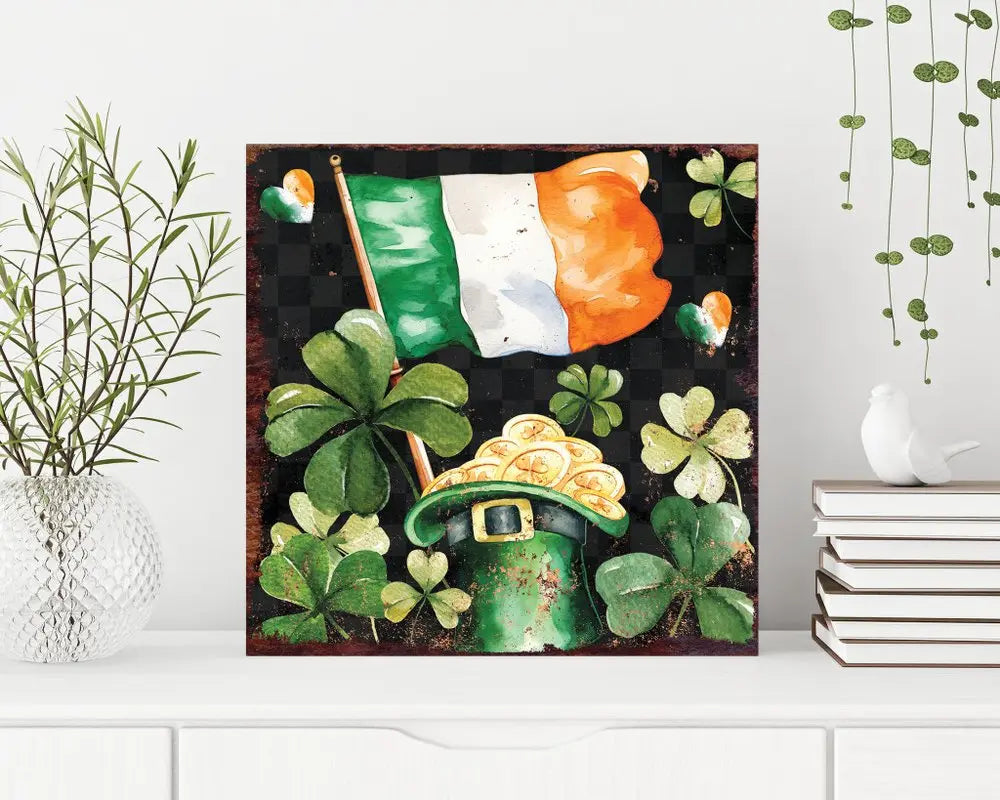 12" X 12" Black Green And Gold St Patrick's Day Leaves Floral Canvas Square Hanging Wall Decor HomeRoots