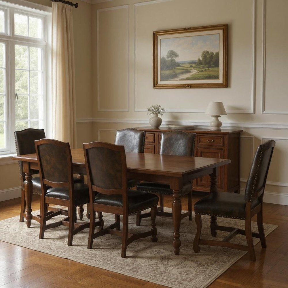 Seven Piece Brown Solid Wood Dining Set with Six Chairs - NOVA HOME FURNITURE