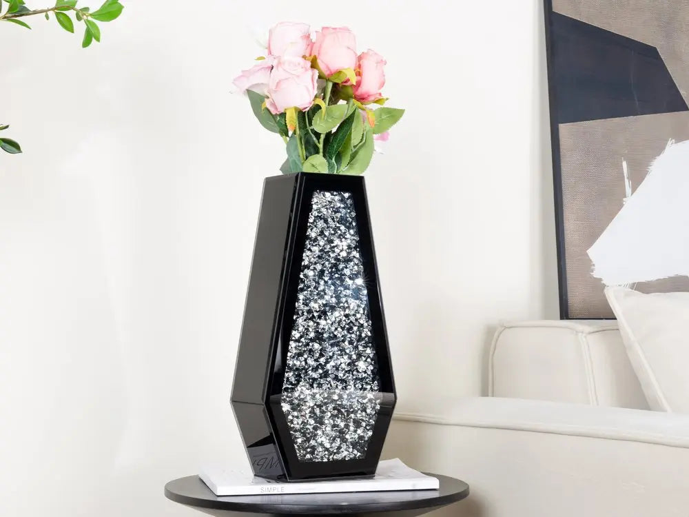 14" Black And Silver Glass Table Vase With Faux Crystals HomeRoots