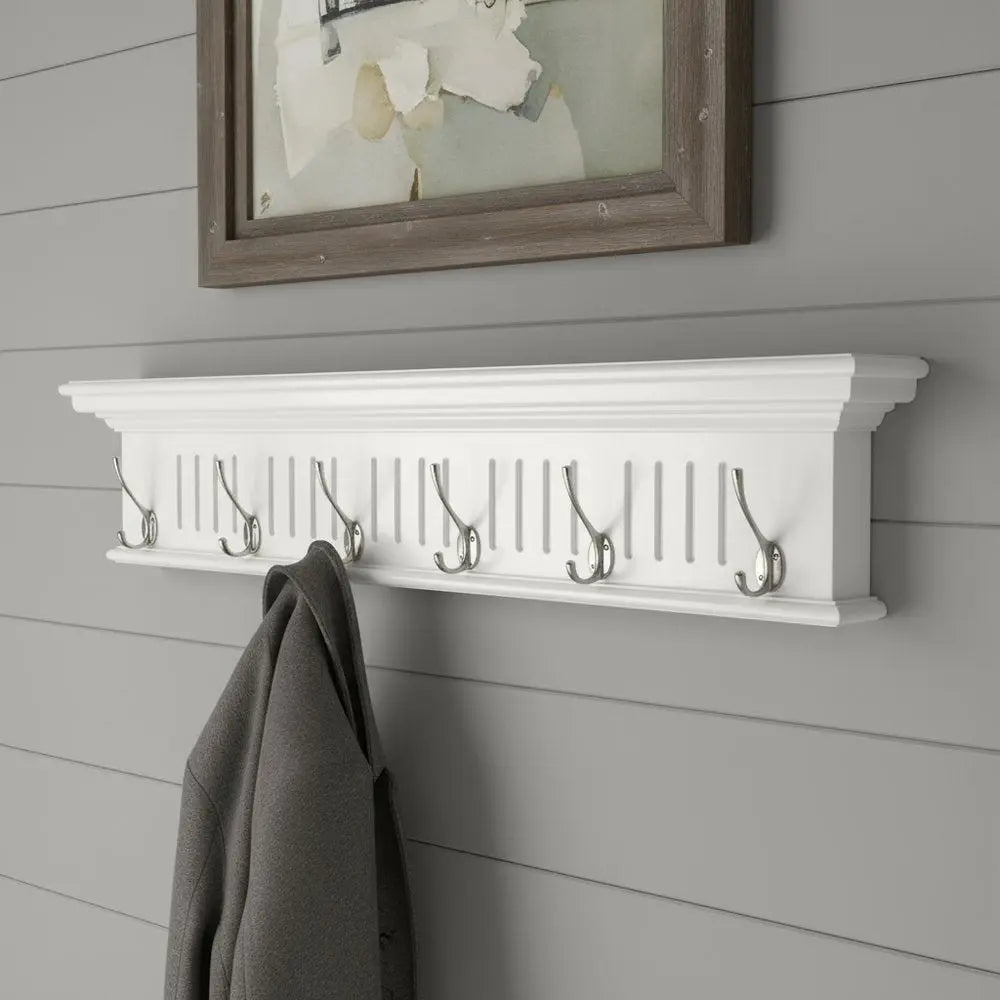 39" White Solid Wood Six Hook Wall Mount Coat Rack HomeRoots