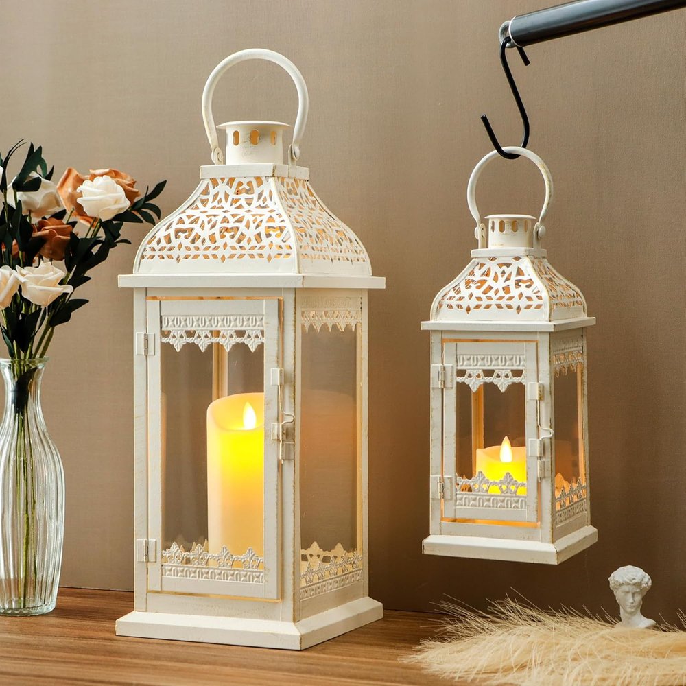 Set of Two Cream Distressed Filigree Metal Tabletop Lantern Candle Holders