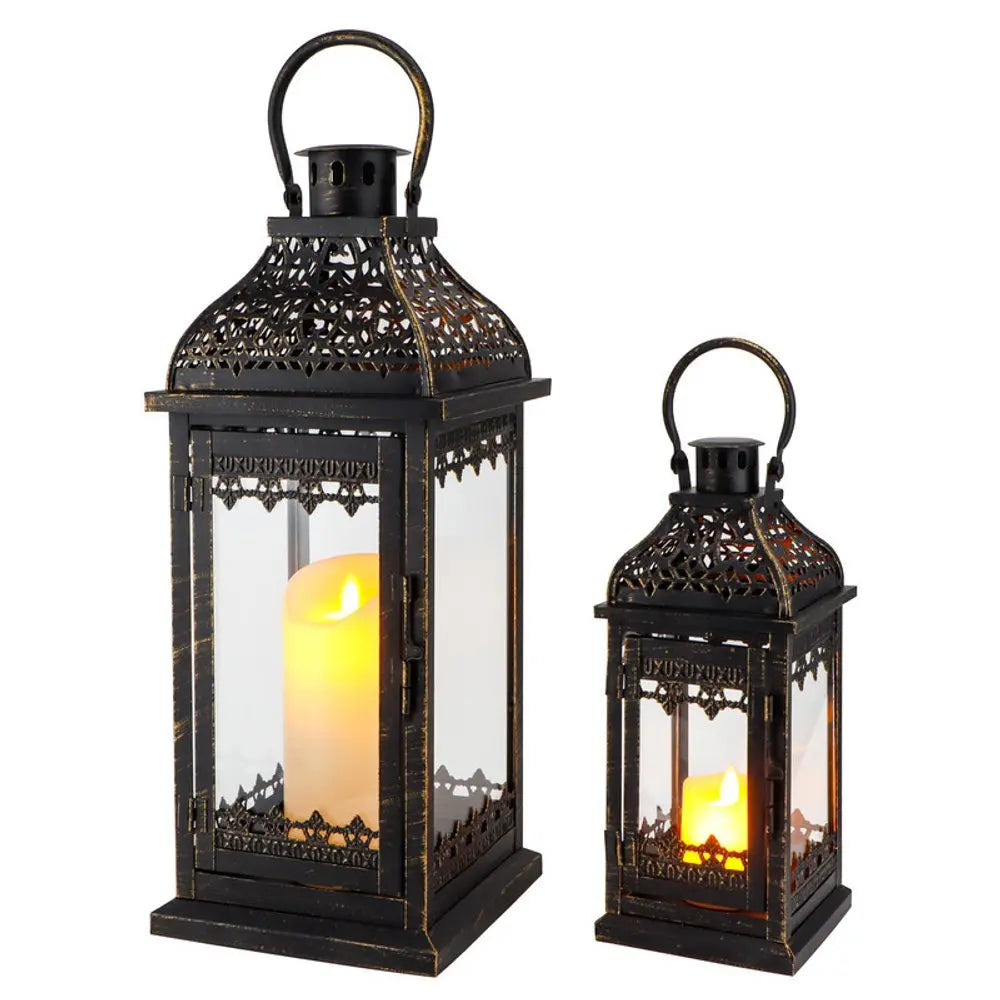 Set of Two Black Distressed Filigree Metal Tabletop Lantern Candle Holders HomeRoots