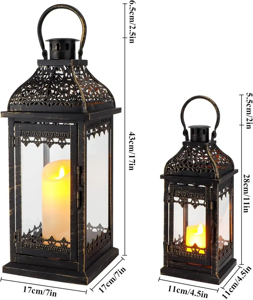 Set of Two Black Distressed Filigree Metal Tabletop Lantern Candle Holders HomeRoots