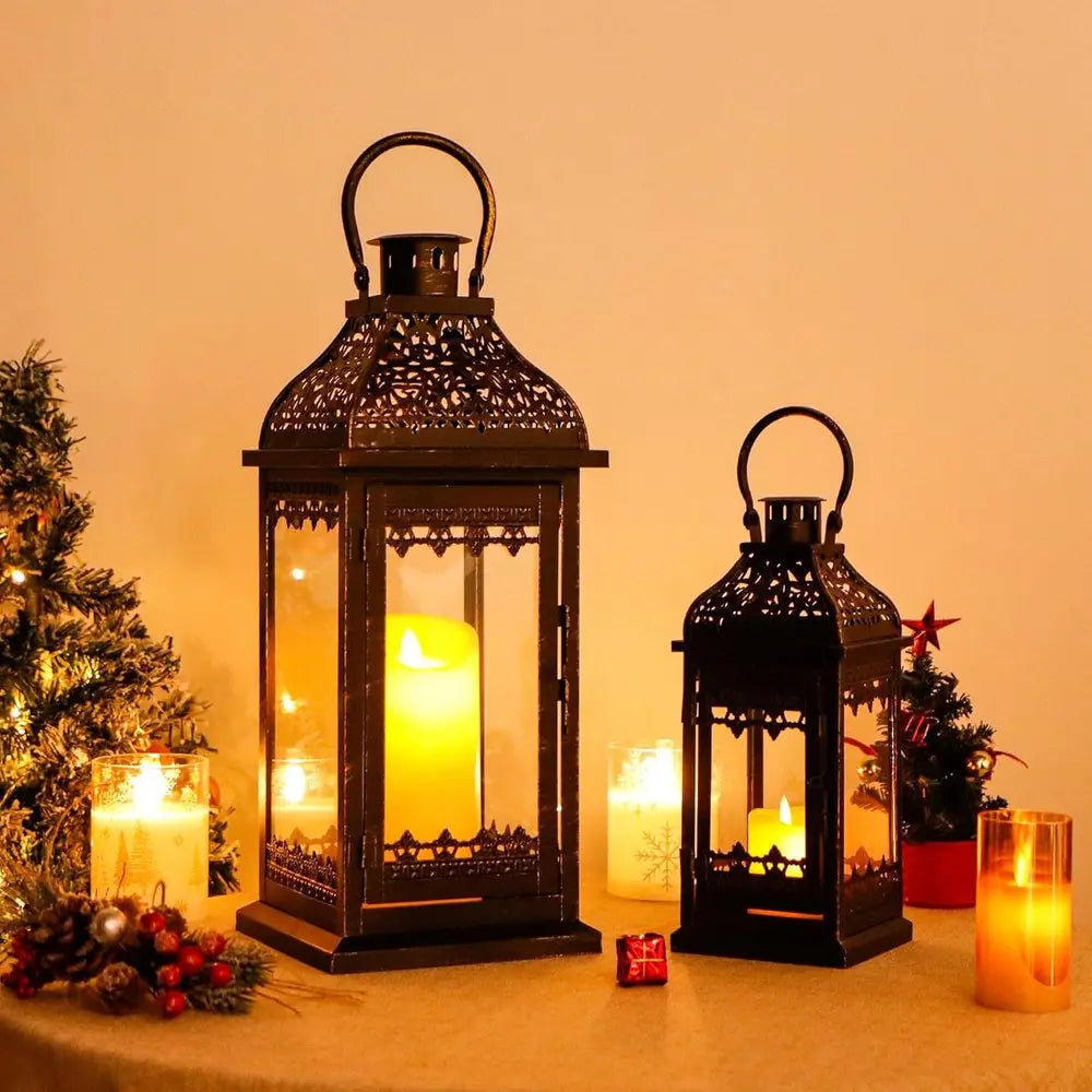 Set of Two Black Distressed Filigree Metal Tabletop Lantern Candle Holders HomeRoots