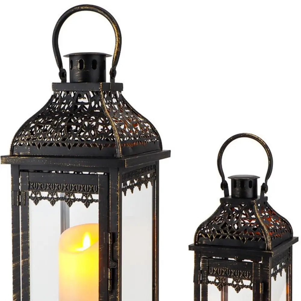 Set of Two Black Distressed Filigree Metal Tabletop Lantern Candle Holders HomeRoots