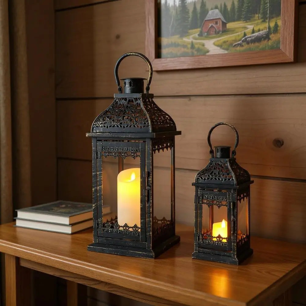 Set of Two Black Distressed Filigree Metal Tabletop Lantern Candle Holders HomeRoots