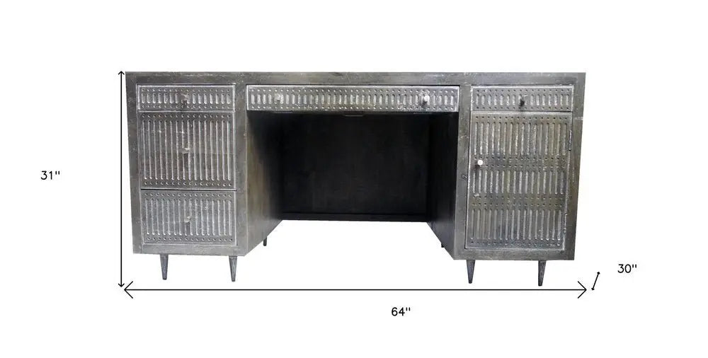 64" Brown and Silver Solid Wood Executive Desk With Five Drawers - NOBLE HOME INTERIORS