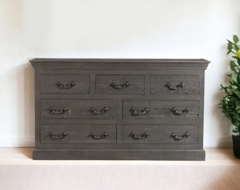 64" Brown Distressed Solid and Reclaimed Wood Seven Drawer Double Dresser - NOBLE HOME INTERIORS