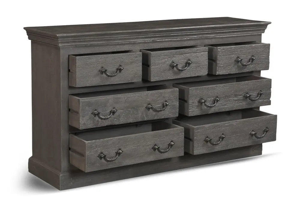 64" Brown Distressed Solid and Reclaimed Wood Seven Drawer Double Dresser - NOBLE HOME INTERIORS