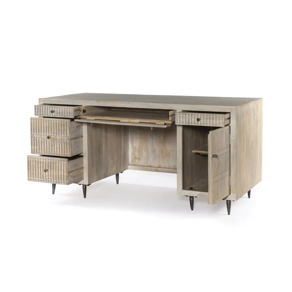 64" Ivory and Silver Solid Wood Executive Desk With Five Drawers - NOBLE HOME INTERIORS