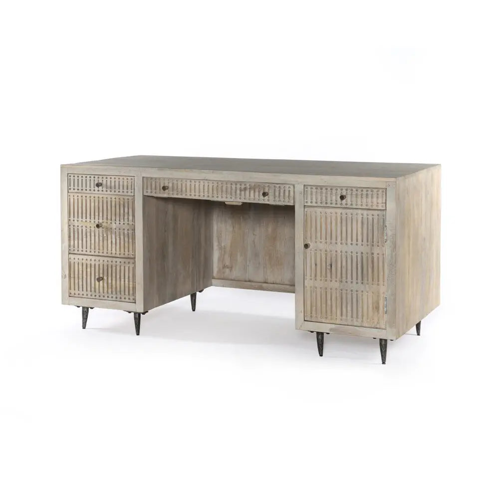 64" Ivory and Silver Solid Wood Executive Desk With Five Drawers - NOBLE HOME INTERIORS