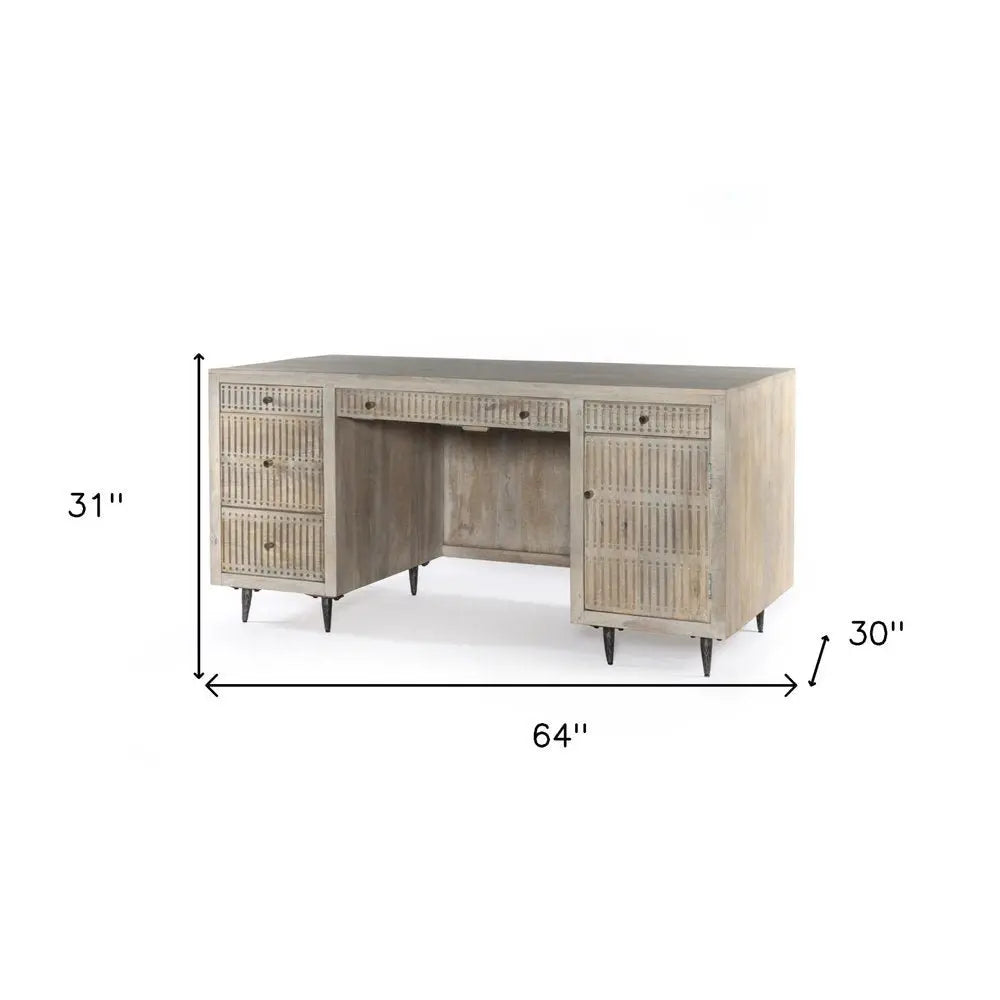 64" Ivory and Silver Solid Wood Executive Desk With Five Drawers - NOBLE HOME INTERIORS