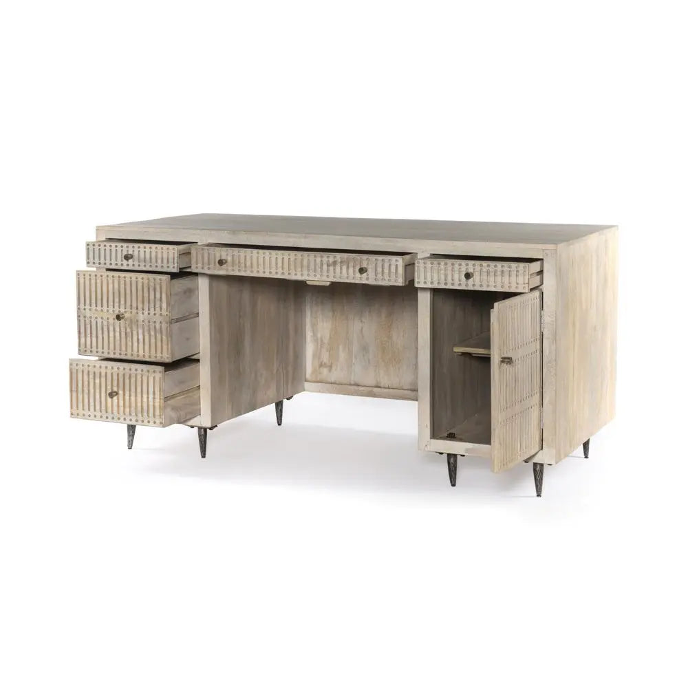 64" Ivory and Silver Solid Wood Executive Desk With Five Drawers - NOBLE HOME INTERIORS