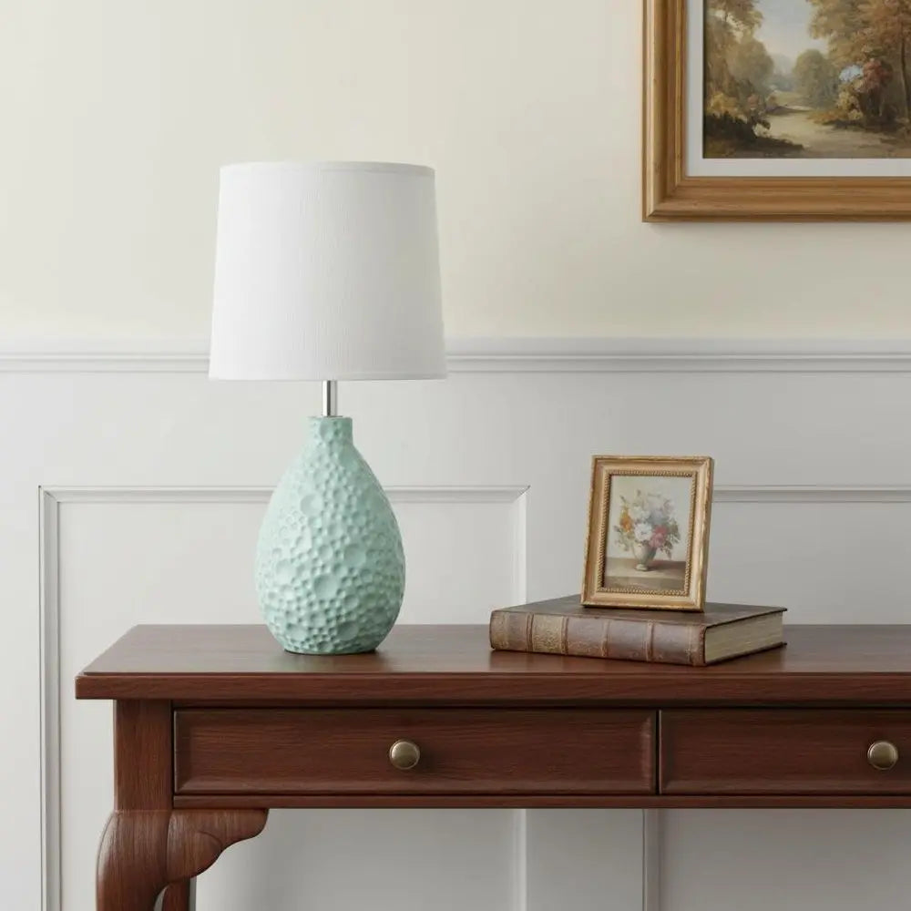 14" Blue Ceramic Round Table Lamp With White Drum Shade HomeRoots