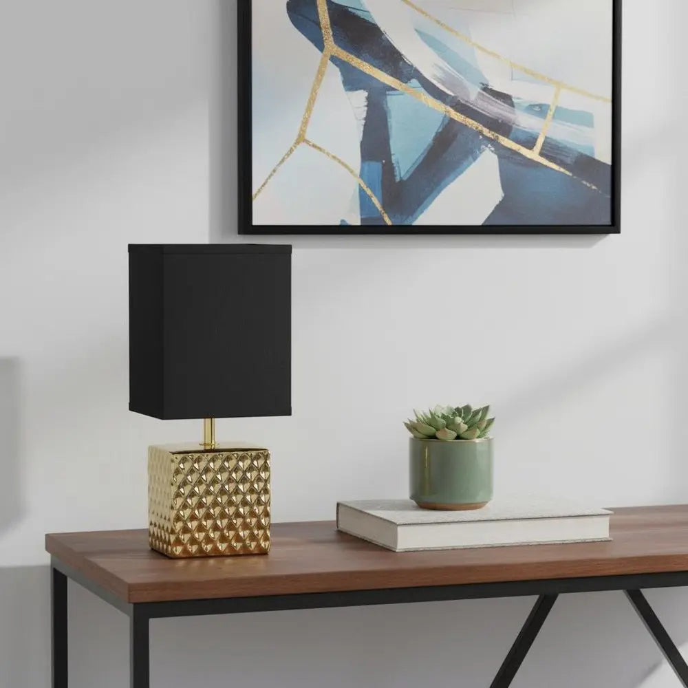 12" Gold Ceramic Table Lamp With Black Shade HomeRoots