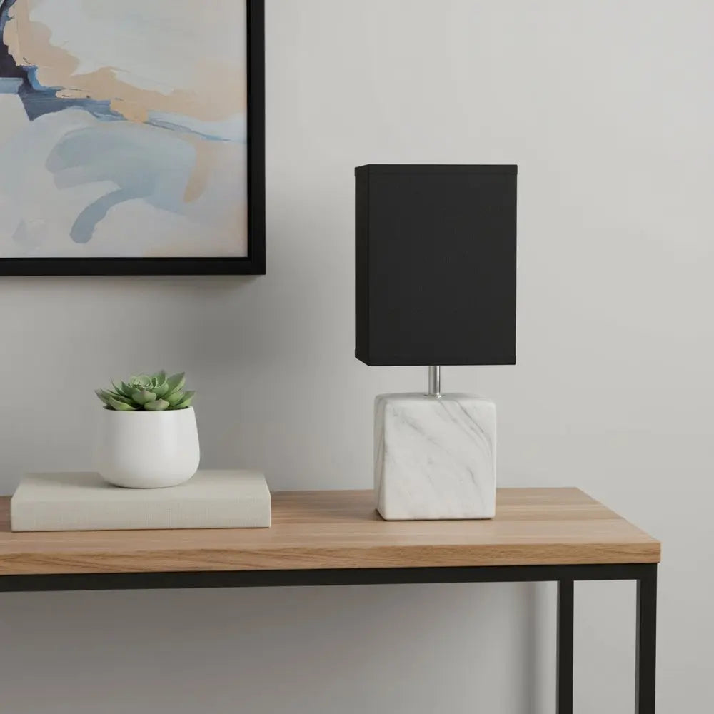 12" White And Black Ceramic Square Table Lamp With Black Shade HomeRoots