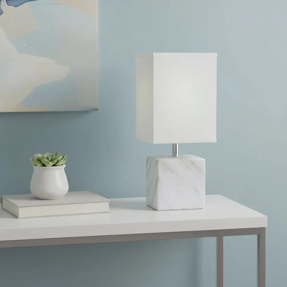 12" White And Black Ceramic Square Table Lamp With White Shade HomeRoots