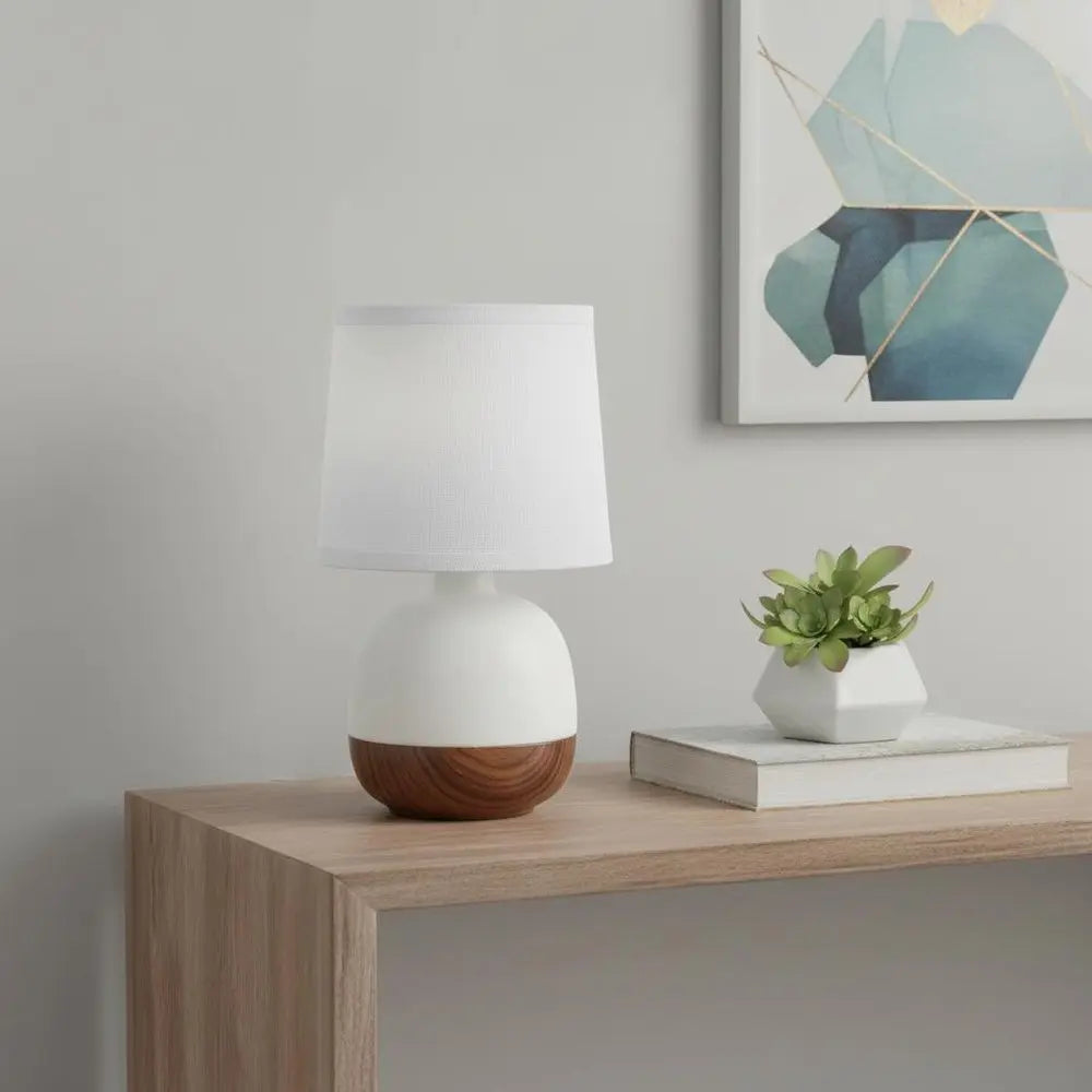 12" Dark Brown Ceramic Round Table Lamp With White Drum Shade HomeRoots