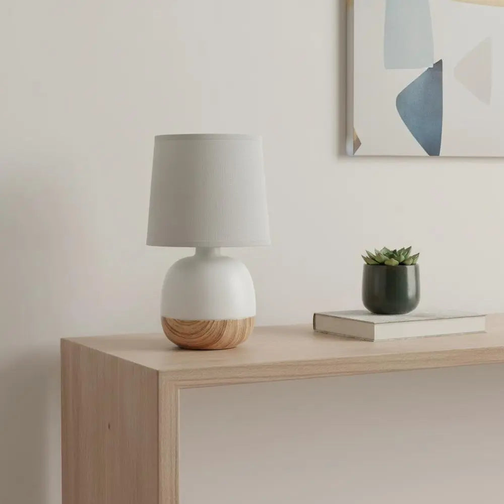 12" Light Brown Ceramic Round Table Lamp With Gray Drum Shade HomeRoots